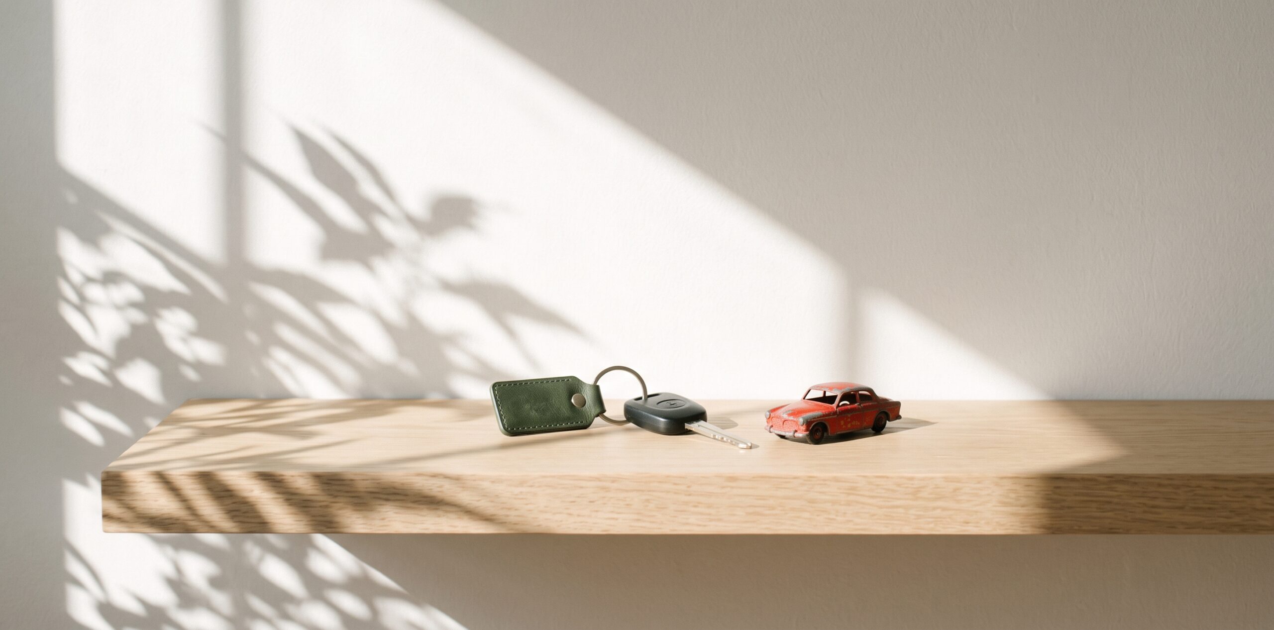 Clé de voiture et petite voiture jouet rouge sur une étagère, pour illustrer l'assurance jeune conducteur